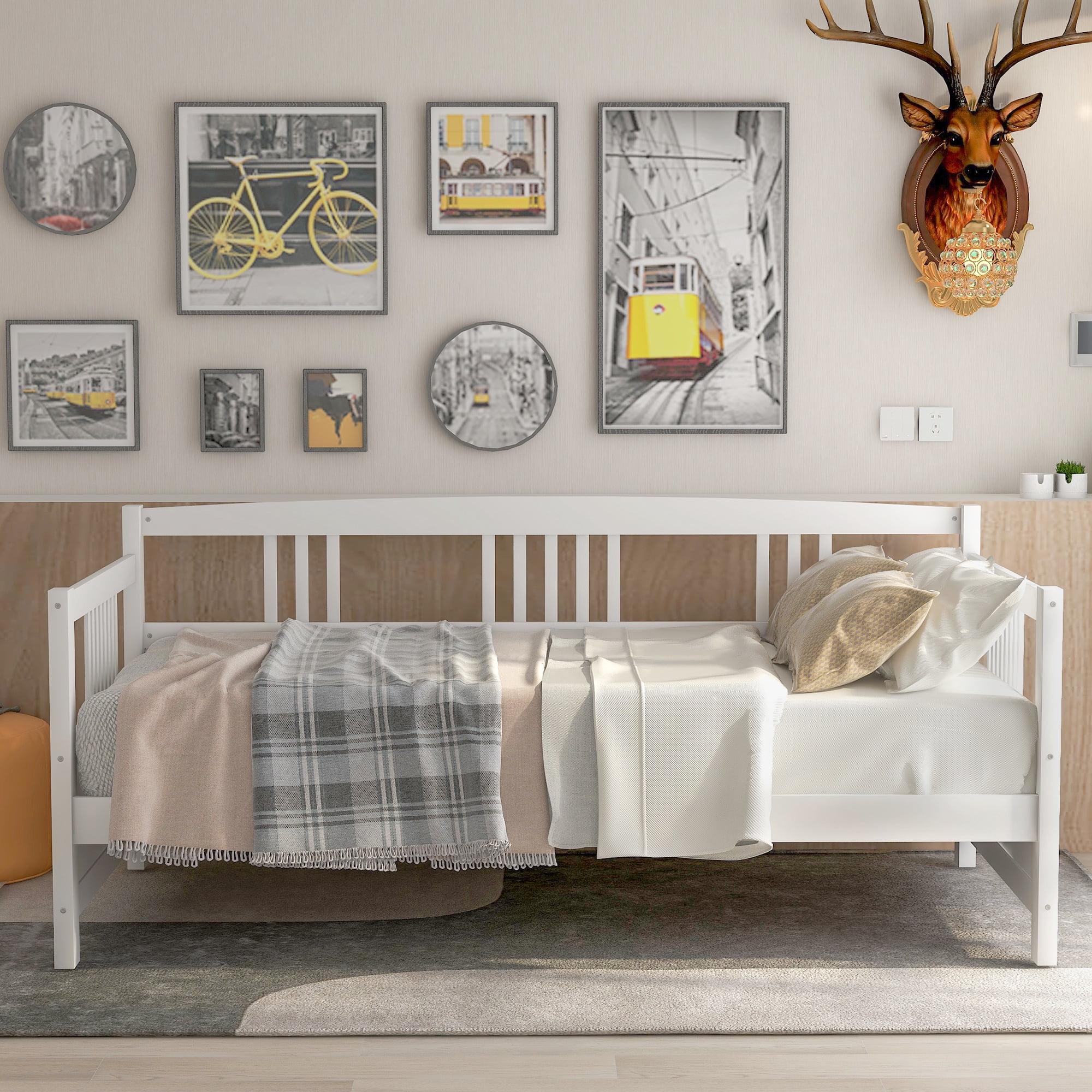 Gewnee Solid Wood Twin Size Daybed with Wooden Slats Support,White
