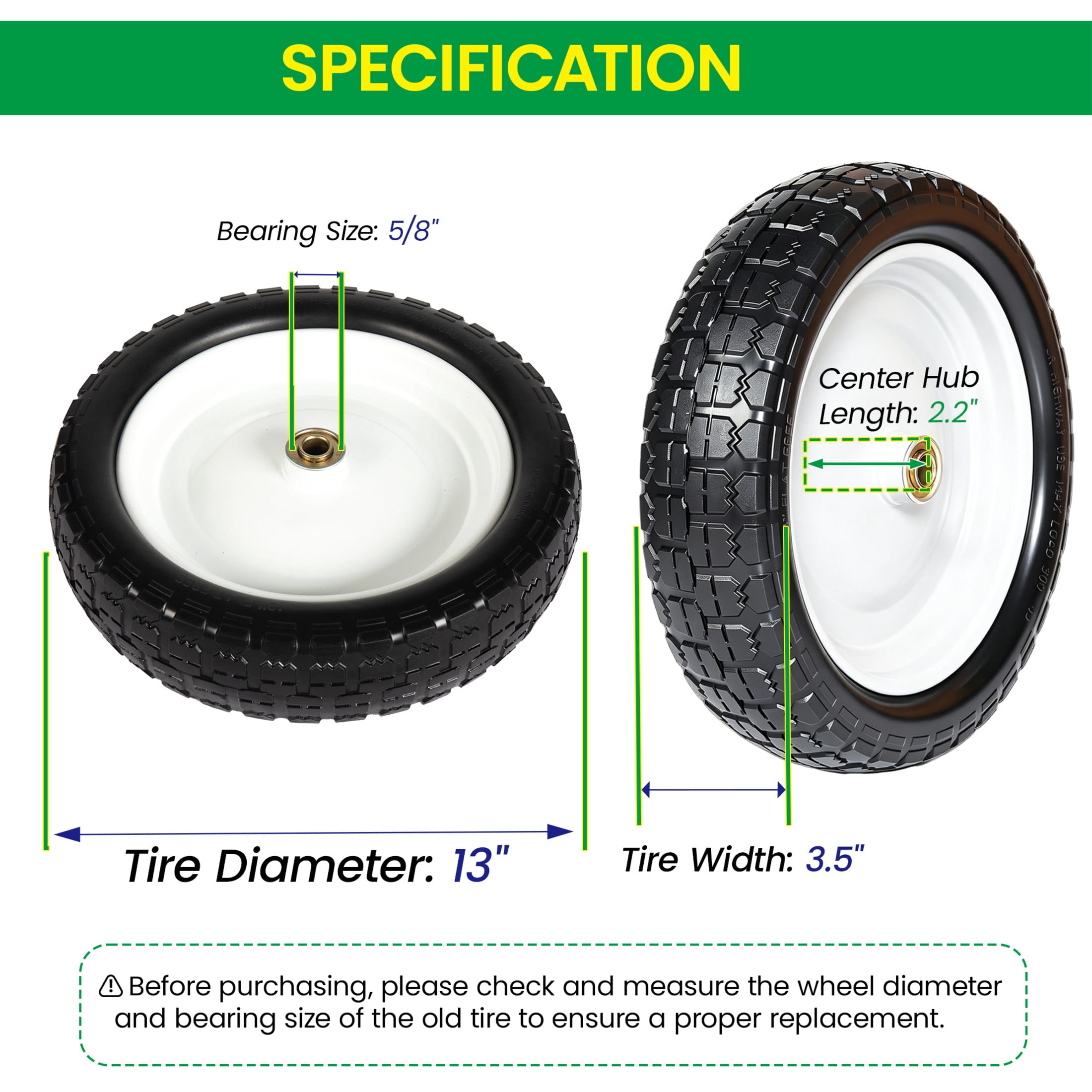 Noble House 13" x 3.5" Solid Rubber Flat-Free Tires & Wheels with Flat-Free Design for Trailer, Black & White