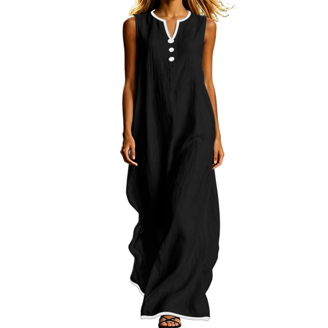 CHUMUD Robes d'Été pour Femmes Sans Manches à Col en V, Robe Maxi à Demi-Boutonnage, Coupe Ample Décontractée