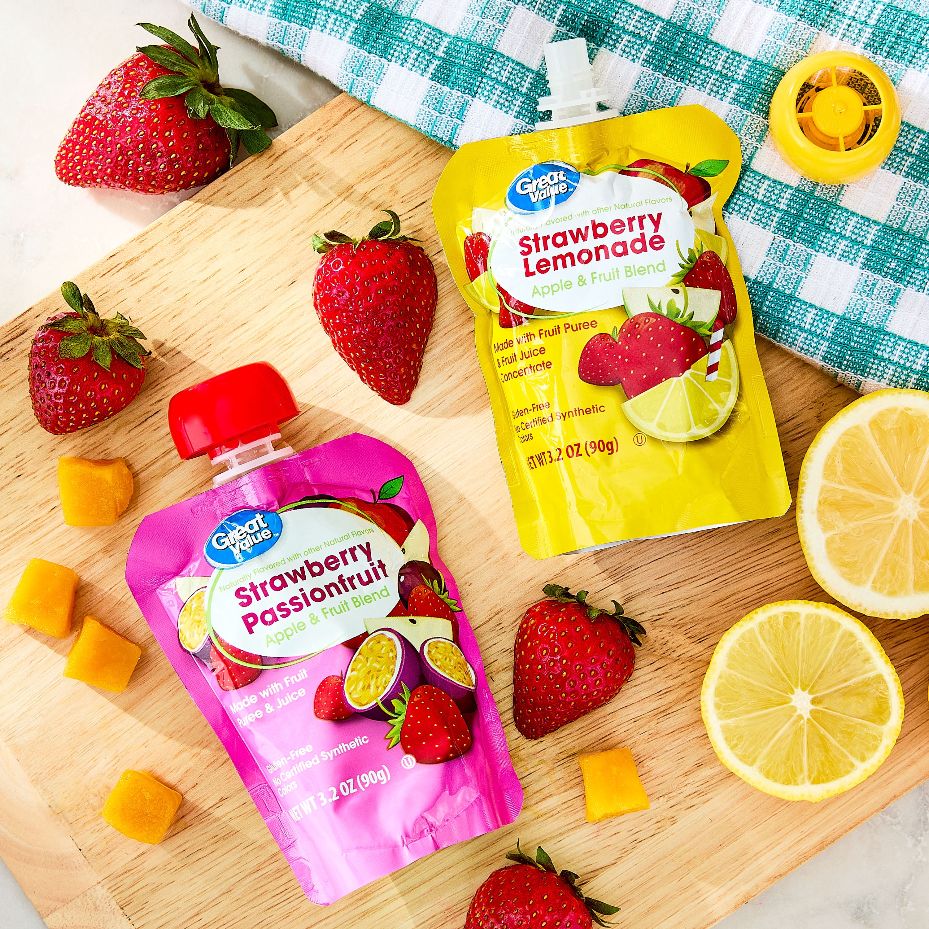 (3 pack) Great Value Strawberry Passionfruit and Strawberry Lemonade Fruit Blend Applesauce Pouches, 3.2 oz, 12 Count Box