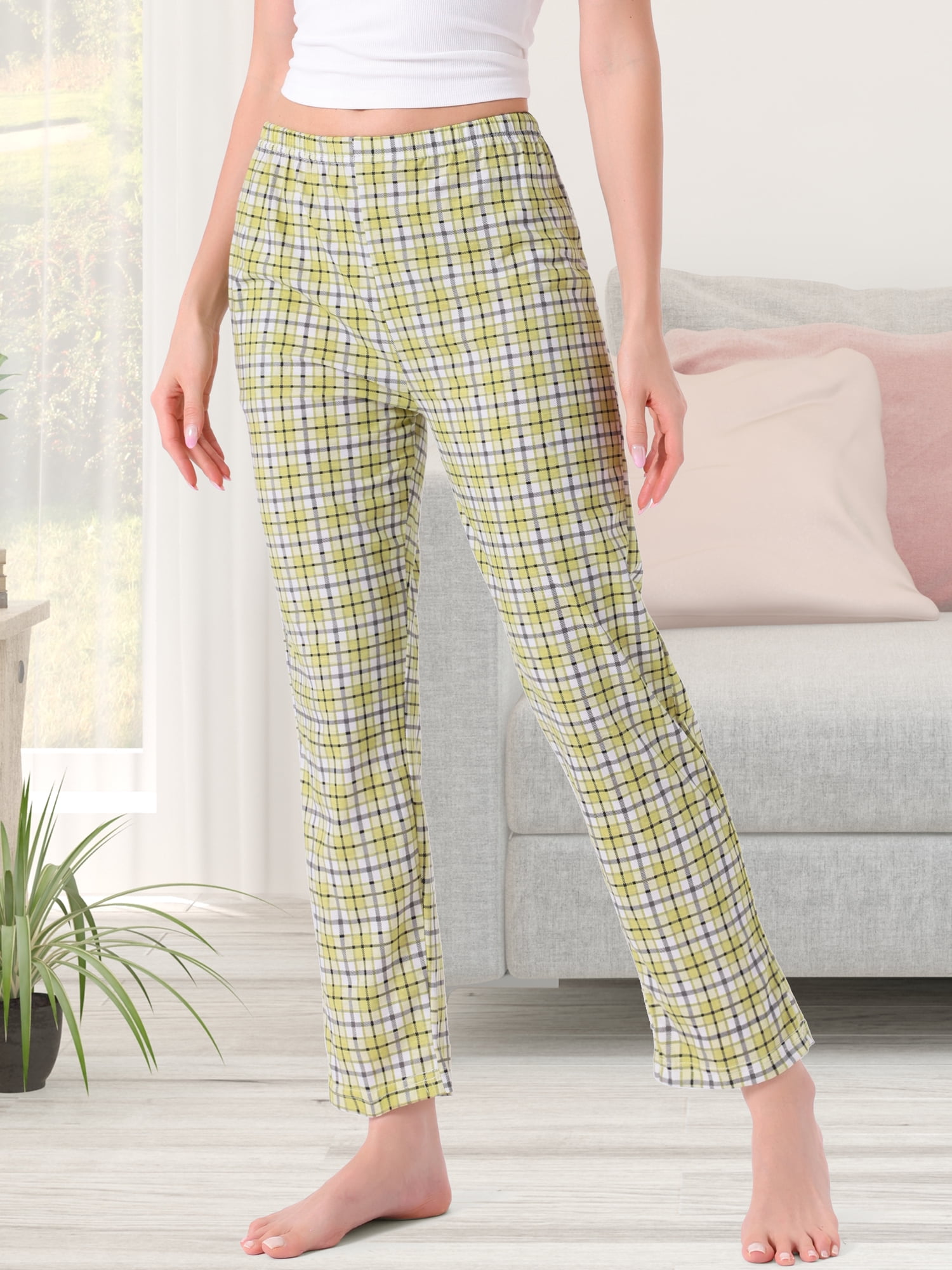 DARING DIVA Women's Cotton Plaid Elastic Waist with Pocket Lounge Pants 2XL Yellow Plaid