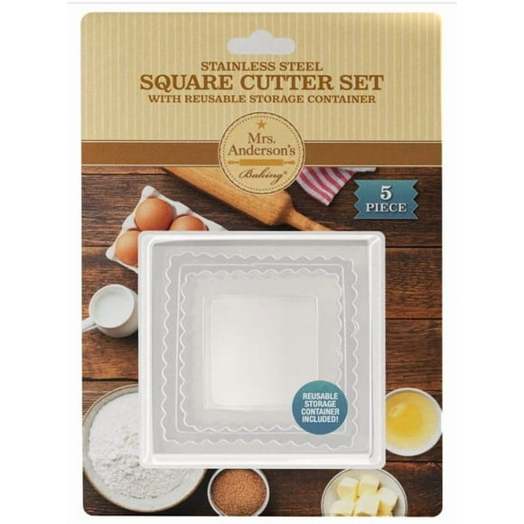 Mrs. Anderson’s Baking Cookie Fondant Cutters, Graduated Squares, Stainless Steel, 5-Piece Set with Storage Container