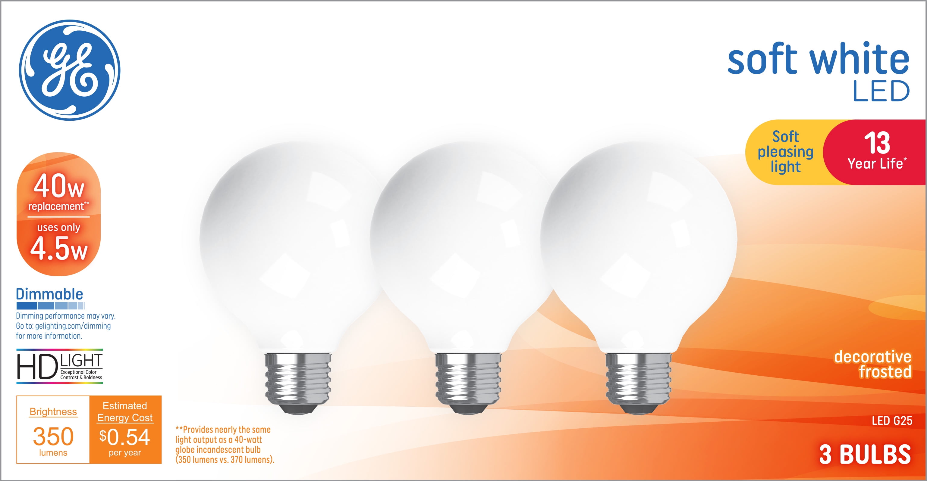 GE Soft White LED Globe Light Bulbs, 40 Watt Eqv, G25 Globe Bulbs, Medium Base, 13 year, 3pk