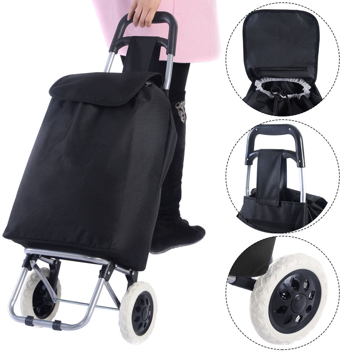 New Black Large Capacity Light Weight Wheeled Shopping Trolley Push Cart Bag 