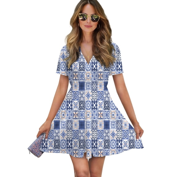Floral Texture Celadon Women Dress V-Neck Short Sleeve Flowy Swing Party Midi Dress
