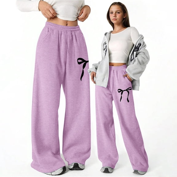 Girls Bowknot Baggy Sweatpants Lightweight Straight Leg Athletic Pants with Pockets Casual Outdoor Sportswear