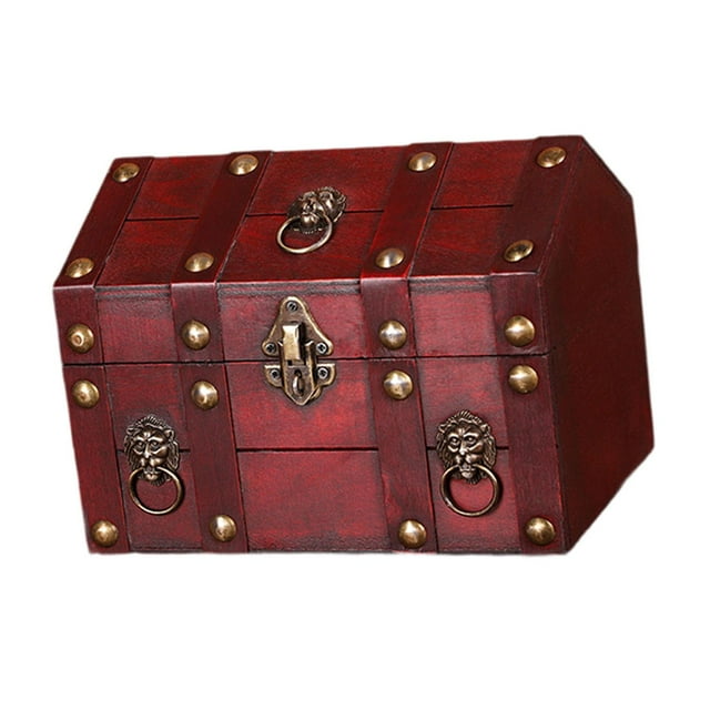 simhoa Pirate Treasure Chest Solid Wood Handmade Photo Props Decorative Storage Box Red