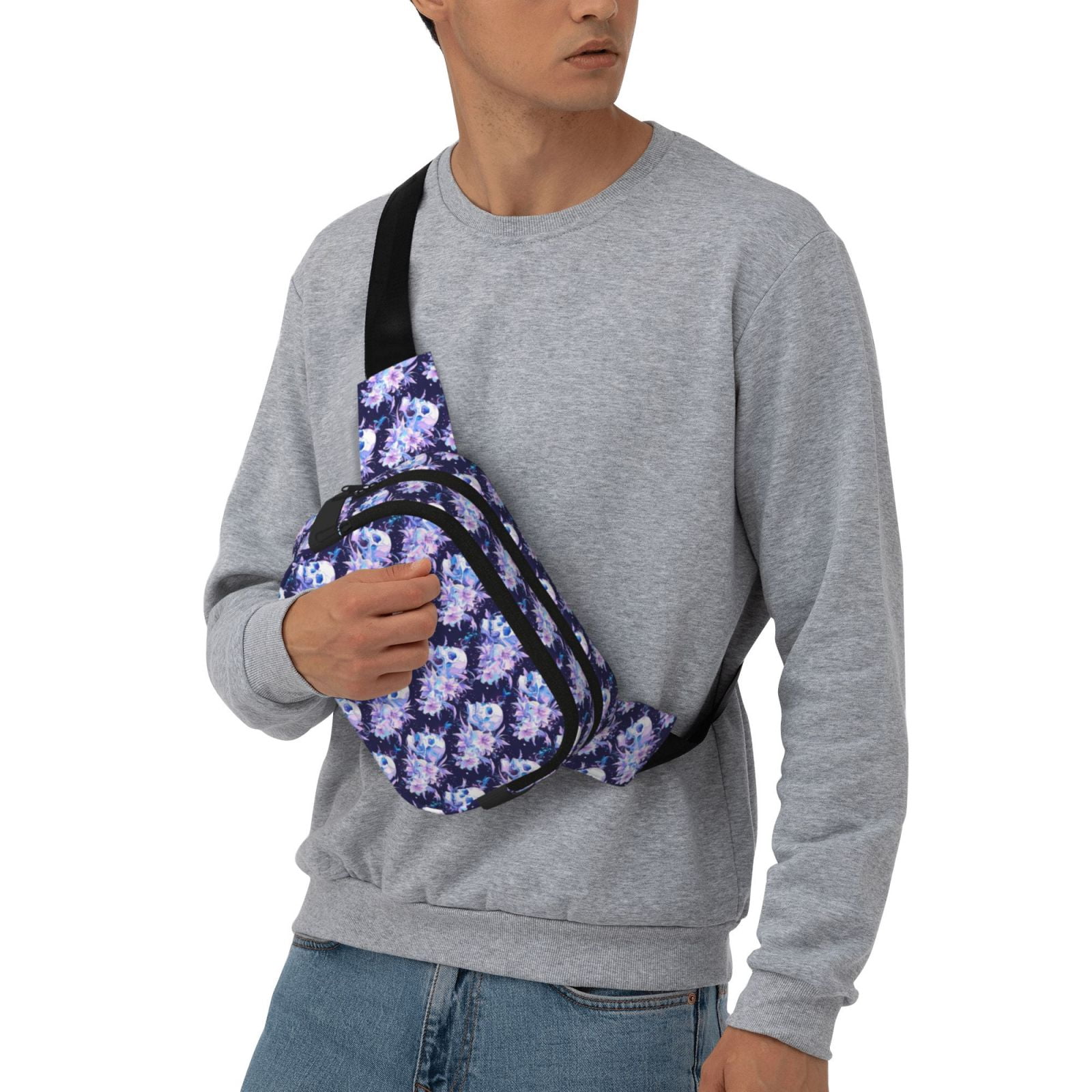 Picia blue starry sky Skull flower Print Square Double-Layer Waist Bag Mini Adjustable Waist Belt Bag Exercise Running Travel Hiking