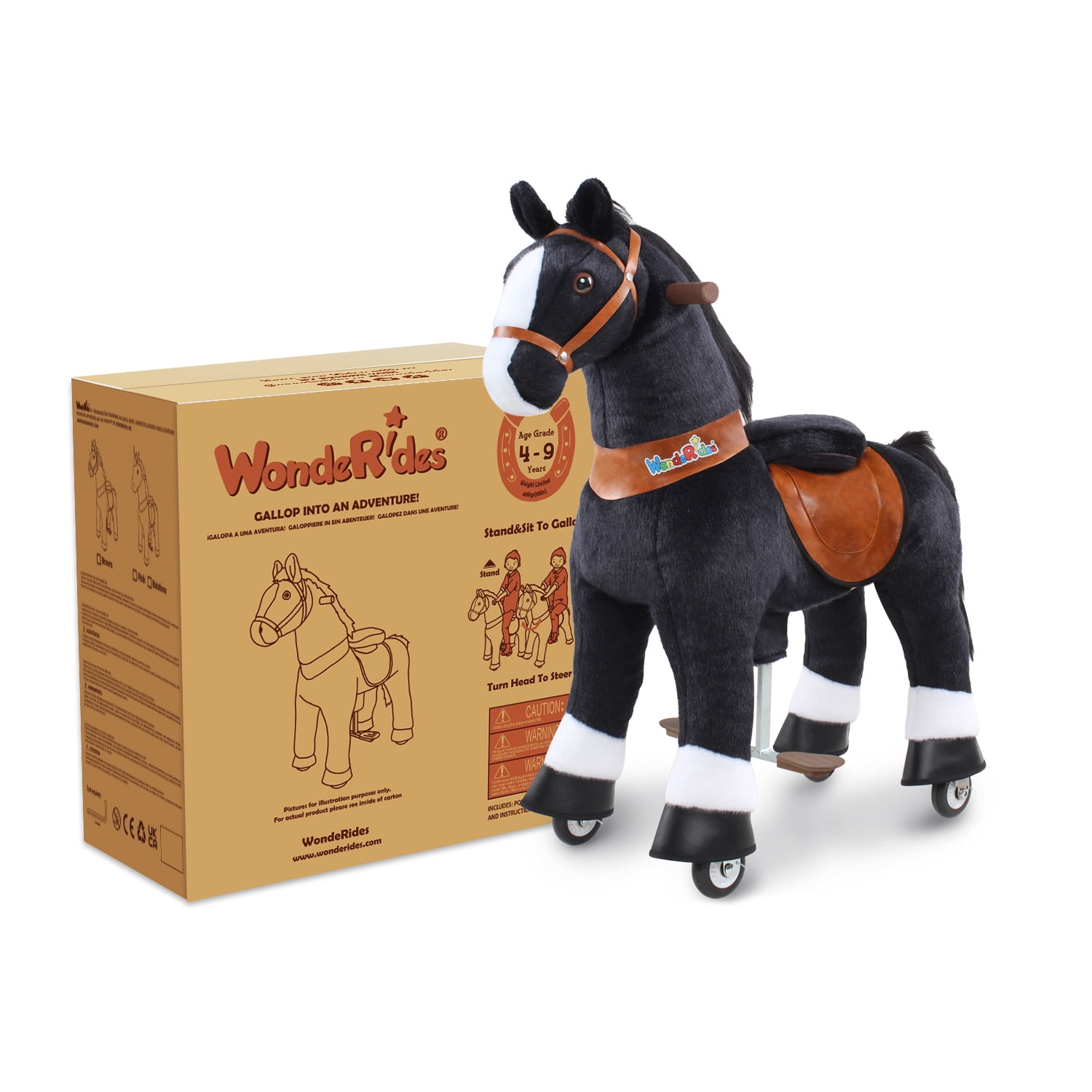 WondeRides Kids Ride on Horse Boys Toy Black Size 4 for Kids Age 4-9 (36 inch Height), Plush Walking Animal Mechanical Riding Horse Pony M447