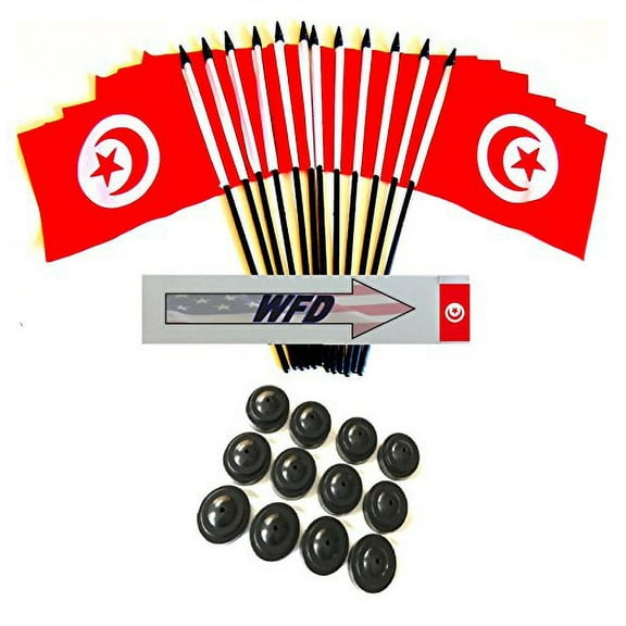 Pack of 12 4"x6" Tunisia Polyester Miniature Office Desk & Little Table Flags, 1 Dozen 4"x 6" Tunisian Small Mini Handheld Waving Stick Flags with 12 Flag Bases (Flags with Stands)