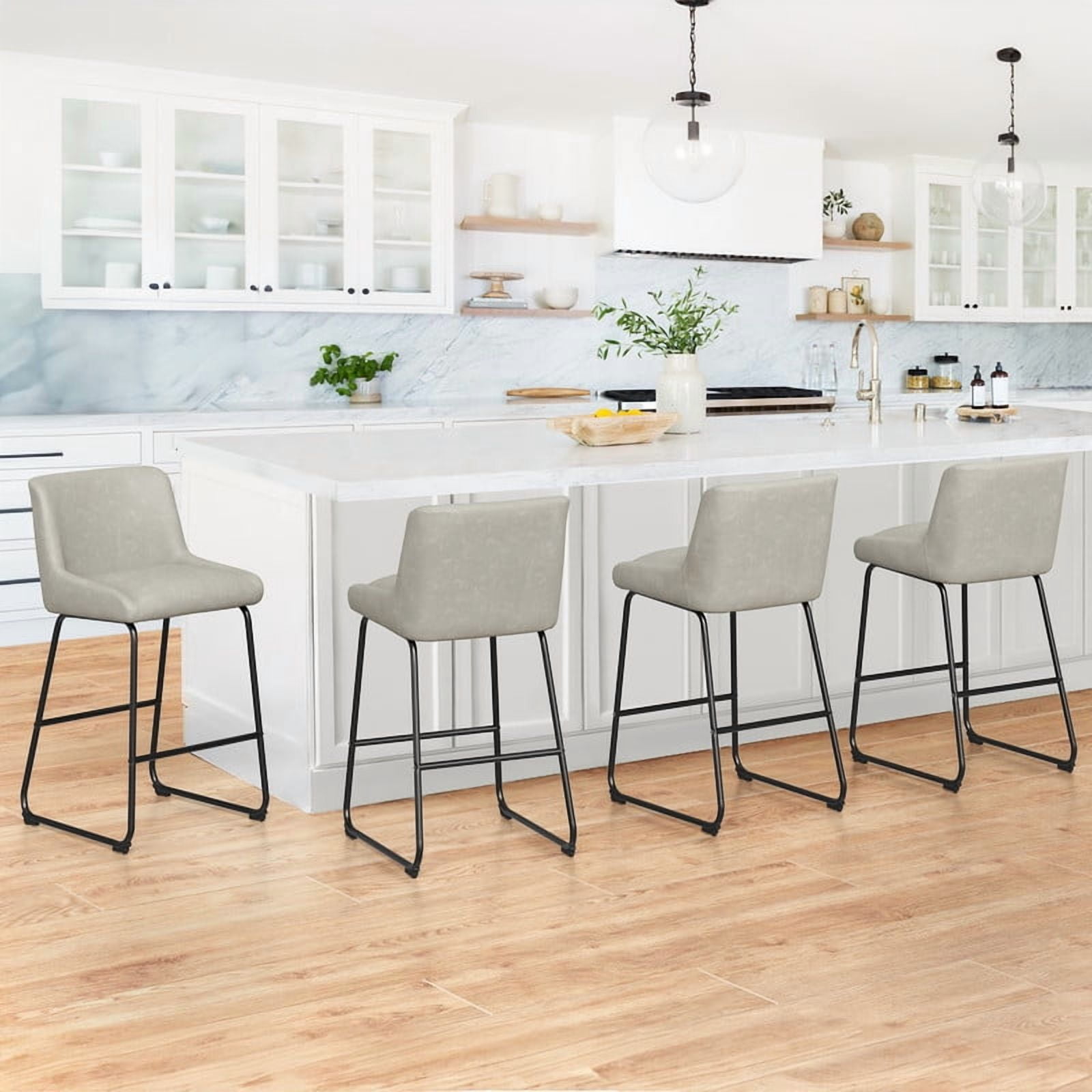 Dycanpo 26" Counter Height Bar Stools Set of 2, Faux Leather 2.5" Cushion, Beige Gray