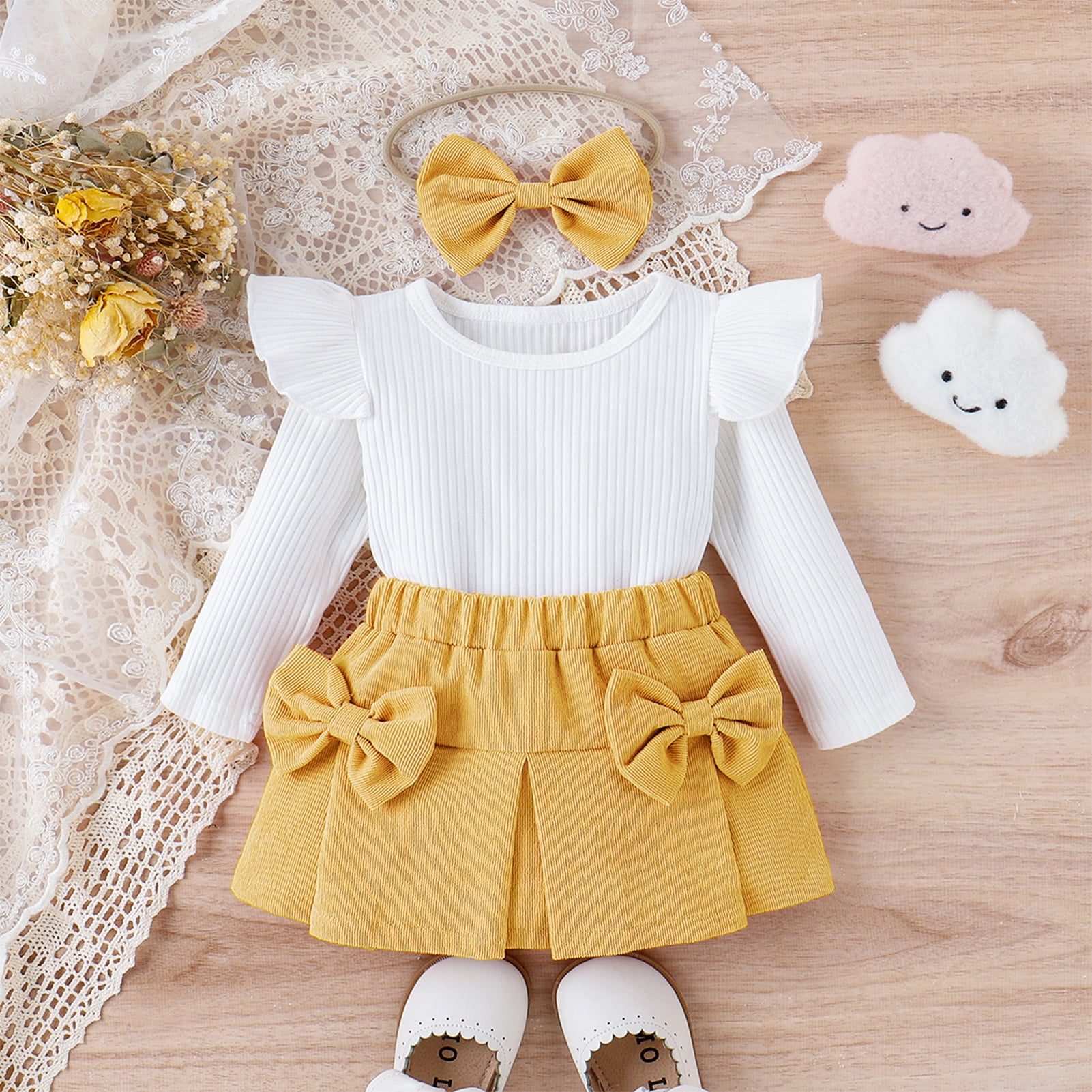 IWEMEK Toddler Girl's Outfit Crew Neck Solid White T-Shirts Casual Chic Bow Knot Yellow Short Skirts Spring Clothing 1-2Y