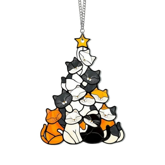 pathside Cat Christmas Tree Suncatcher Ornament, Cute Stacked Cat Christmas Tree Suncatcher, Cat Hanging Suncatcher Ornaments, Xmas Gift Xmas Christmas Decor, Cat Lover Gifts for Women (B, 3.5IN)