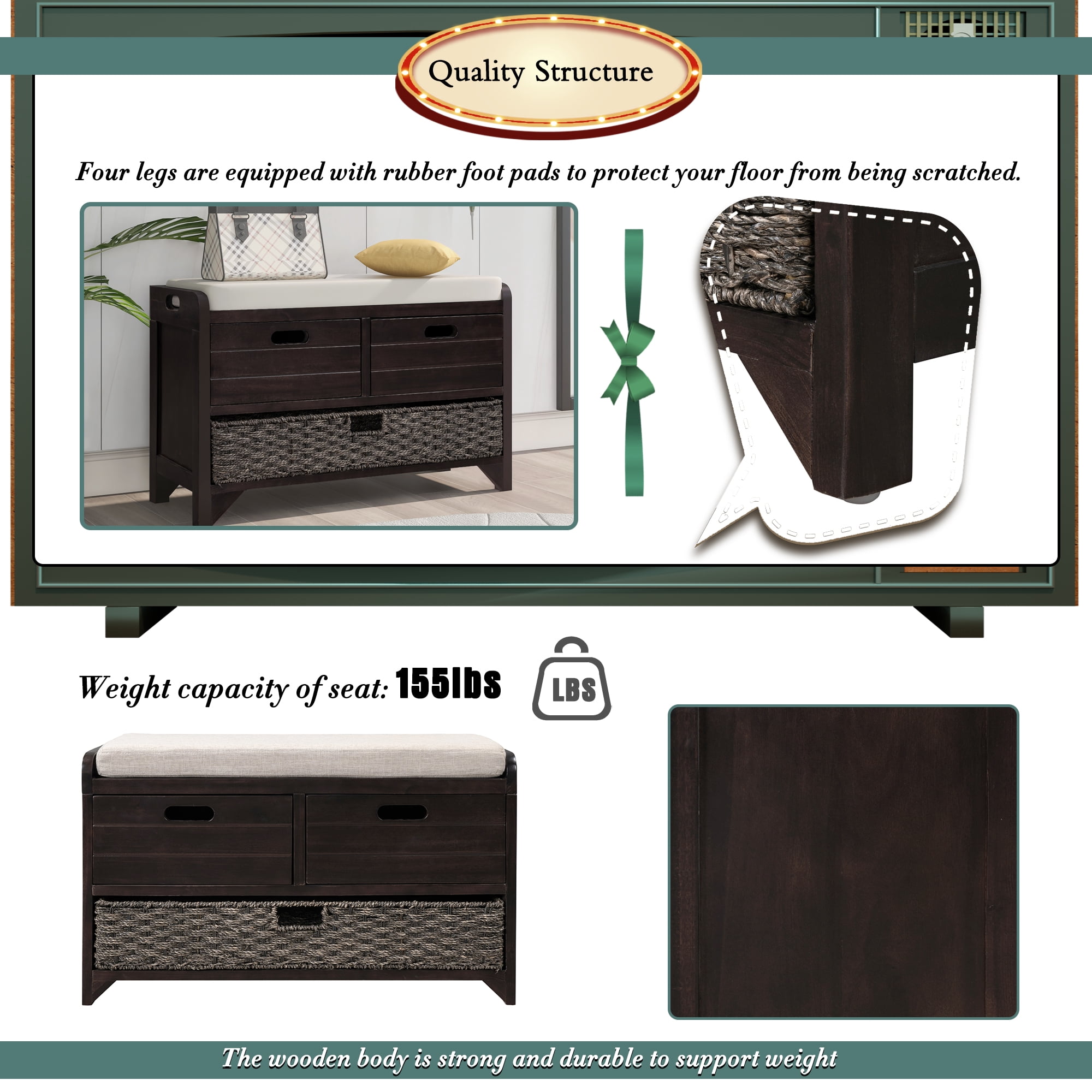 Aukfa Wood Storage Bench with Removable Basket and 2 Drawers for Entryway - Espresso