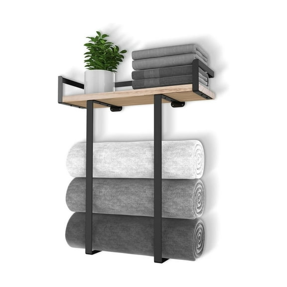 Towel Racks for Bathroom Wall Mounted,Metal Towel Holder with Wooden Shelf for Folding Large Towels, Towel Storage for Small Bathroom Organizer Decor or RV Camping