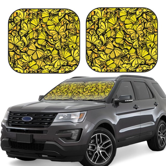 Fotbe Yellow Butterflies Juego de 2 Piezas de Parasoles para Parabrisas | Bloqueador Solar para Auto | Accesorios Plegables para Protección Solar Interior-Small