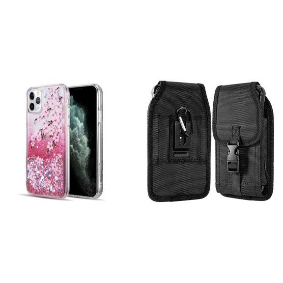 Liquid Glitter Case for iPhone 14 Pro Max and Belt Holster Pouch - Cherry Blossom