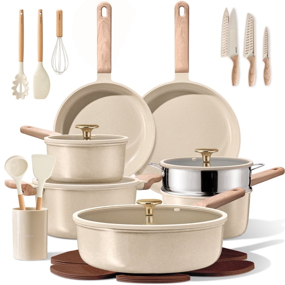 Carote 28-Piece Nonstick Pots and Pans Set, Ceramic Cookware Set with Lids, Induction Compatible, Oatmeal