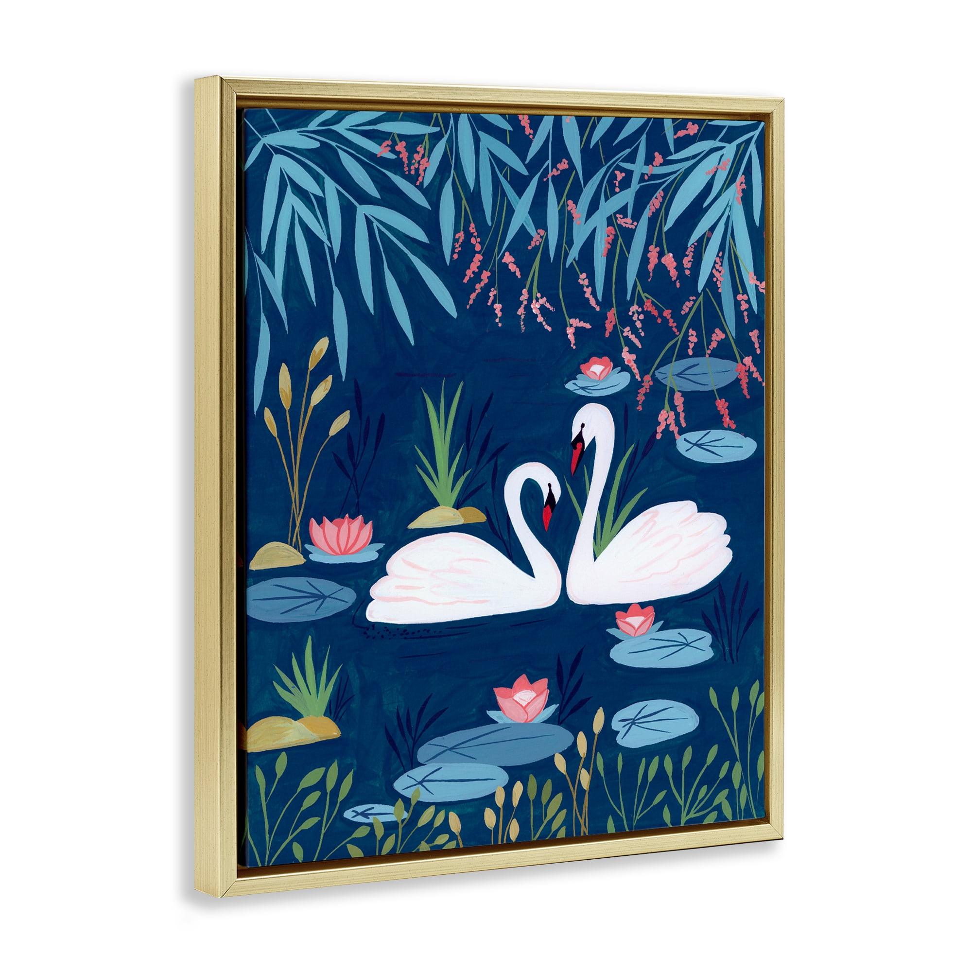 Swan Pair on Blue Pond Gold Framed Floater Canvas Wall Art, design by Nabeela Rumi