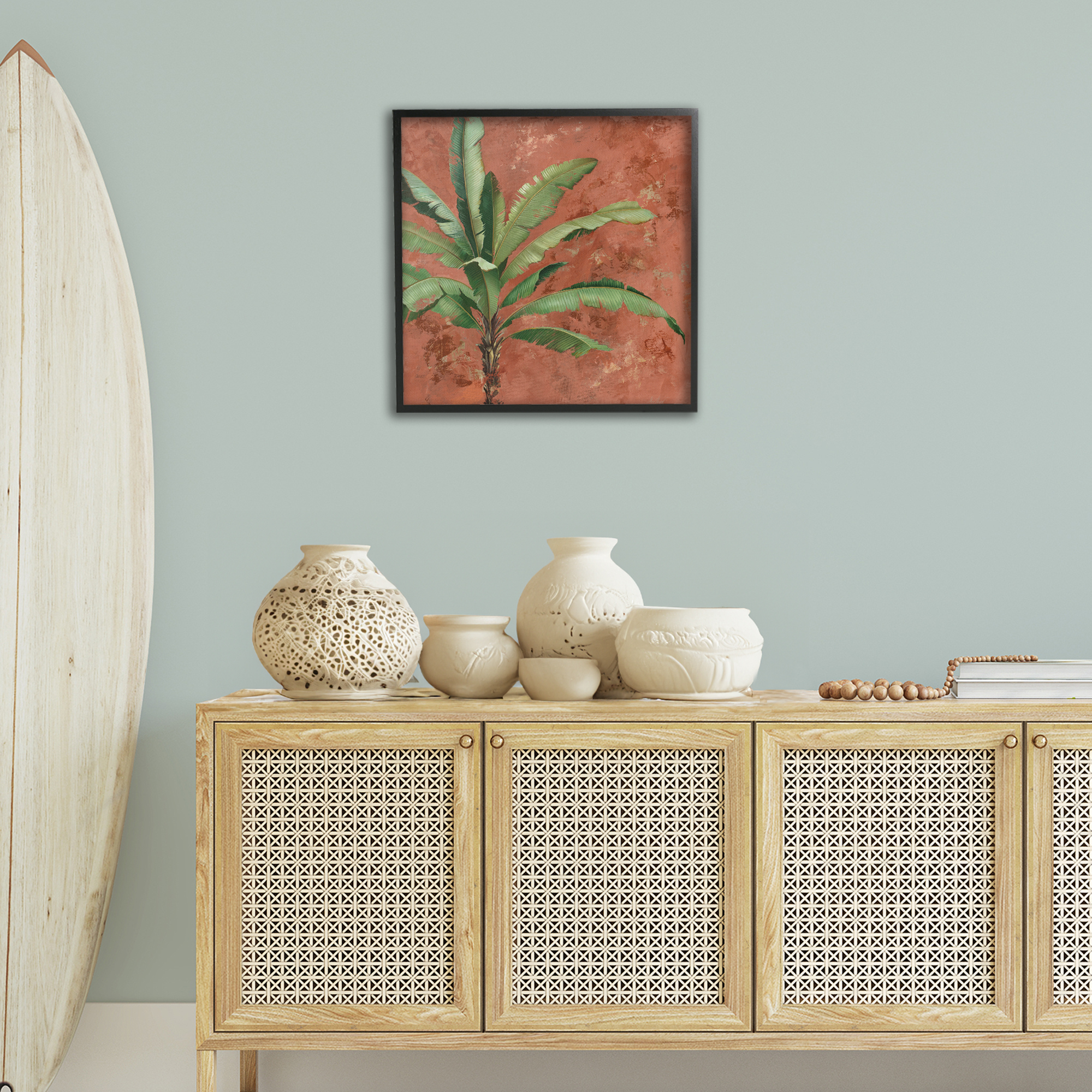 Stupell Industries Palm on Muted Red Botanical & Floral Painting Black Framed Art Print Wall Art, 24 x 24