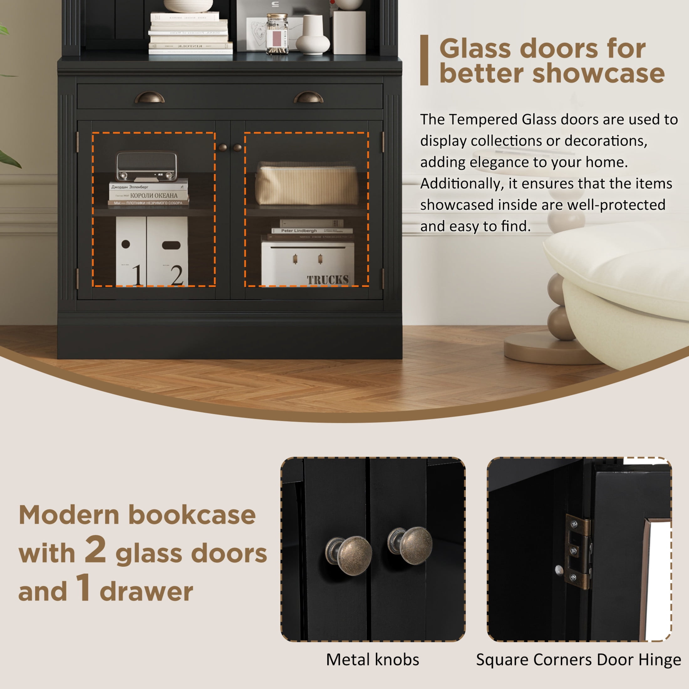 GDF Studio Caldon 83.4" Bookshelf with LED Lighting, Drawers & Sliding Doors, Modern Bookcase for Home Office, Black