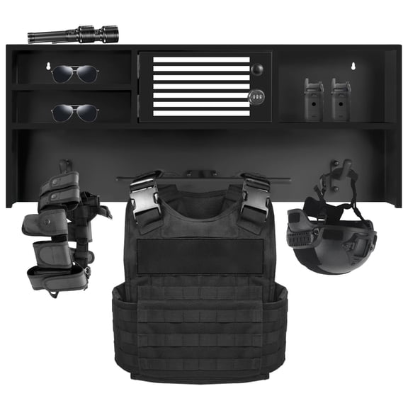 Tactical Gear Rack with Lockbox Safe & 2 Hooks, Police Gear Rack, Black, Thicken Steel Frame, Tactical Duty Gear Stand, for Home, Police Department