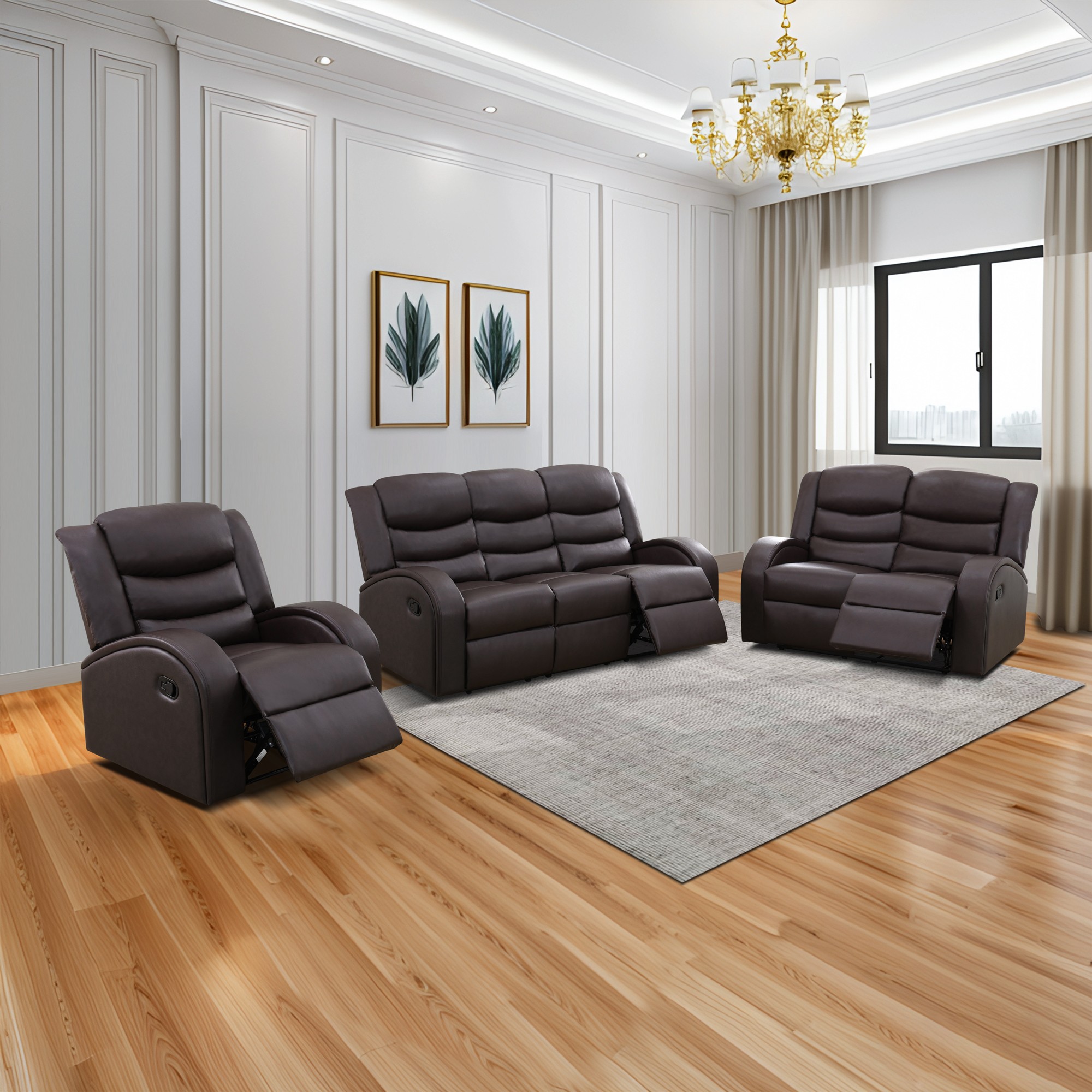 Gewnee Brown 3-Piece Living Room Recliner Sofa Set with Air Leather & Solid Wood Frame, Double-Layer Springs, Suitable for Living Room