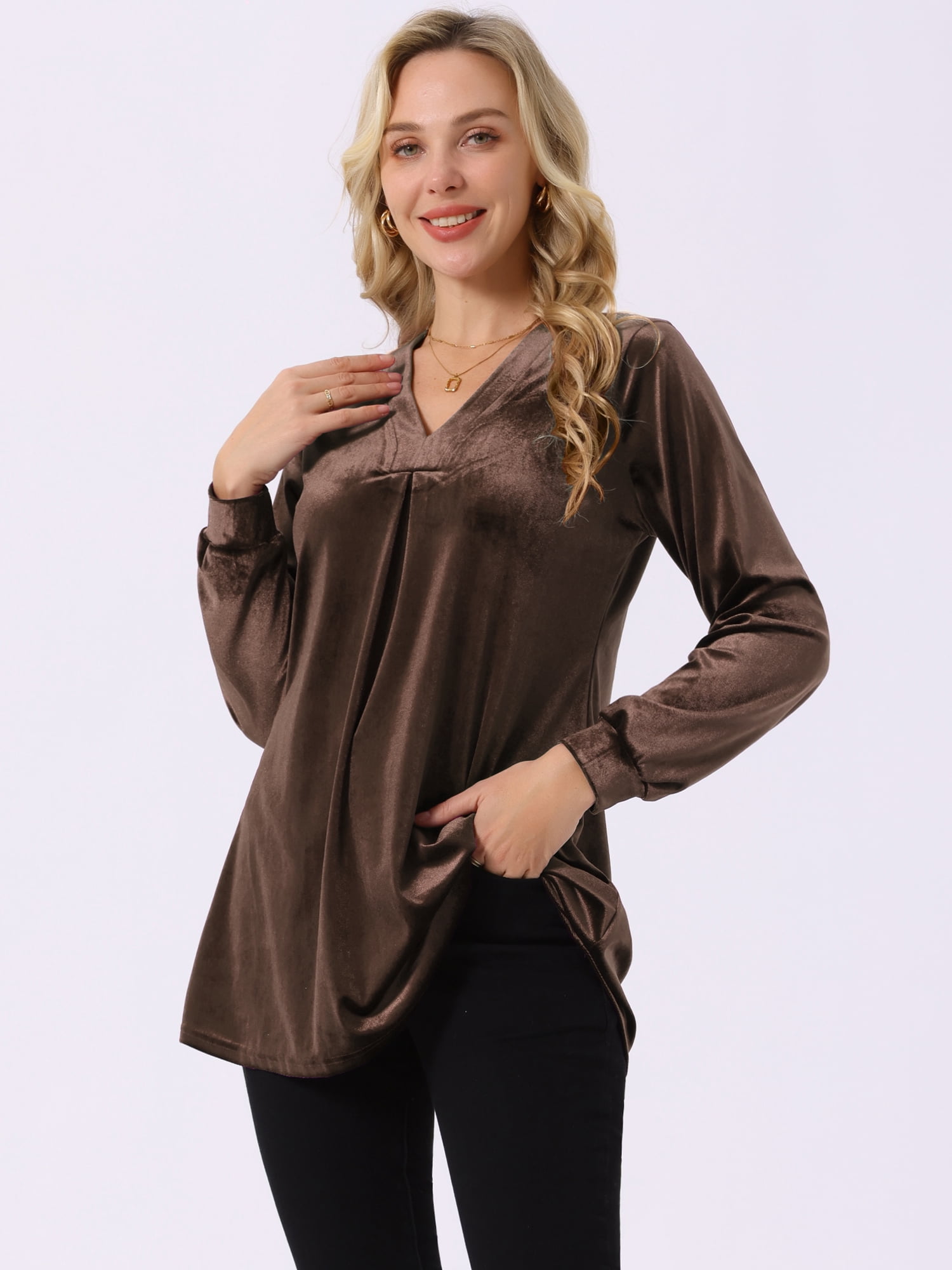 DARING DIVA Women's Velvet Top V Neck Long Sleeves Loose Blouse S Coffee