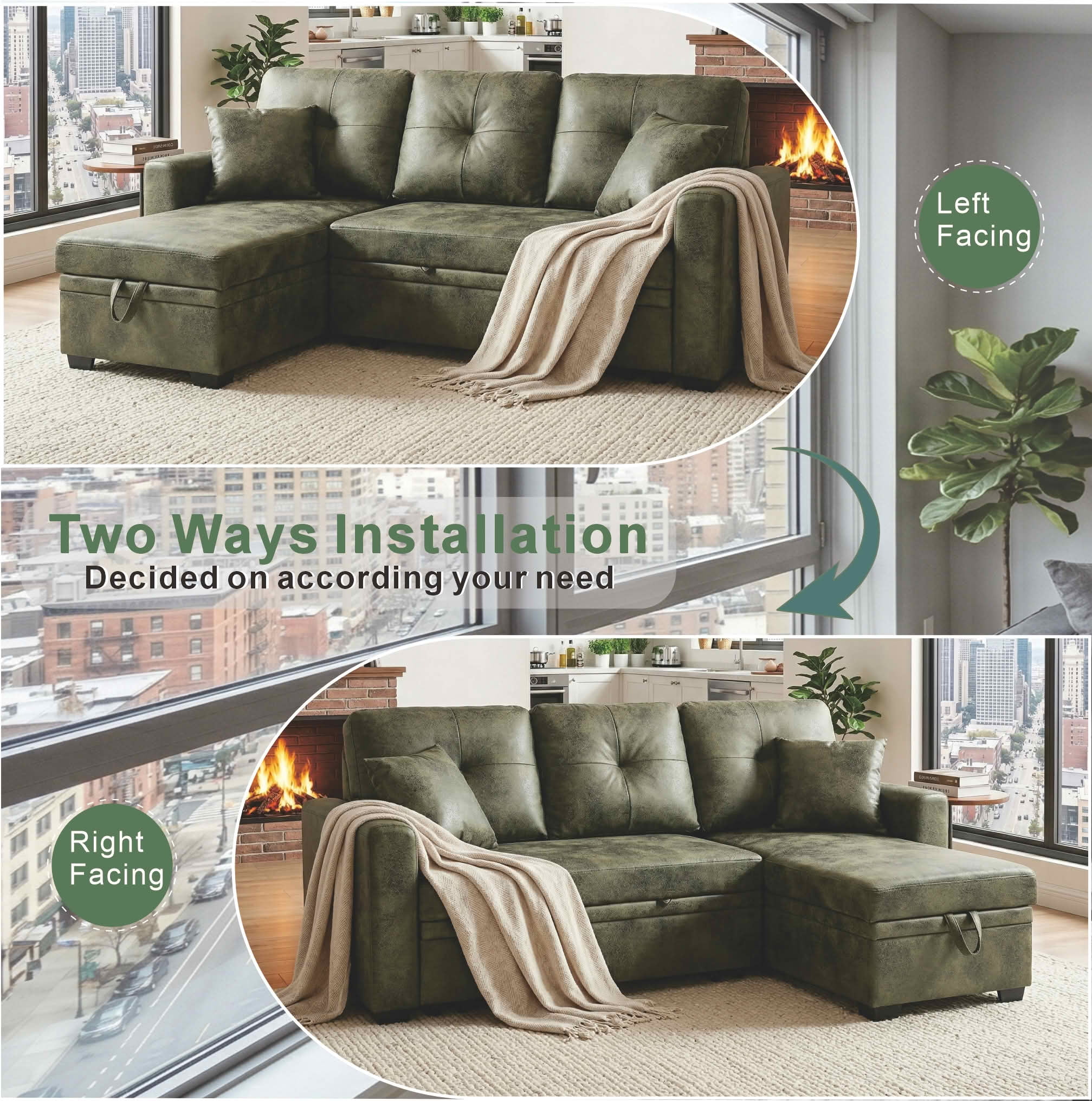 MAYEERTY 71" Breathable Fabric Sleeper Sectional Sofa, L-Shaped Convertible Pull-Out Sofa Bed with Reversible Chaise & Hidden Storage, Multi-Functional