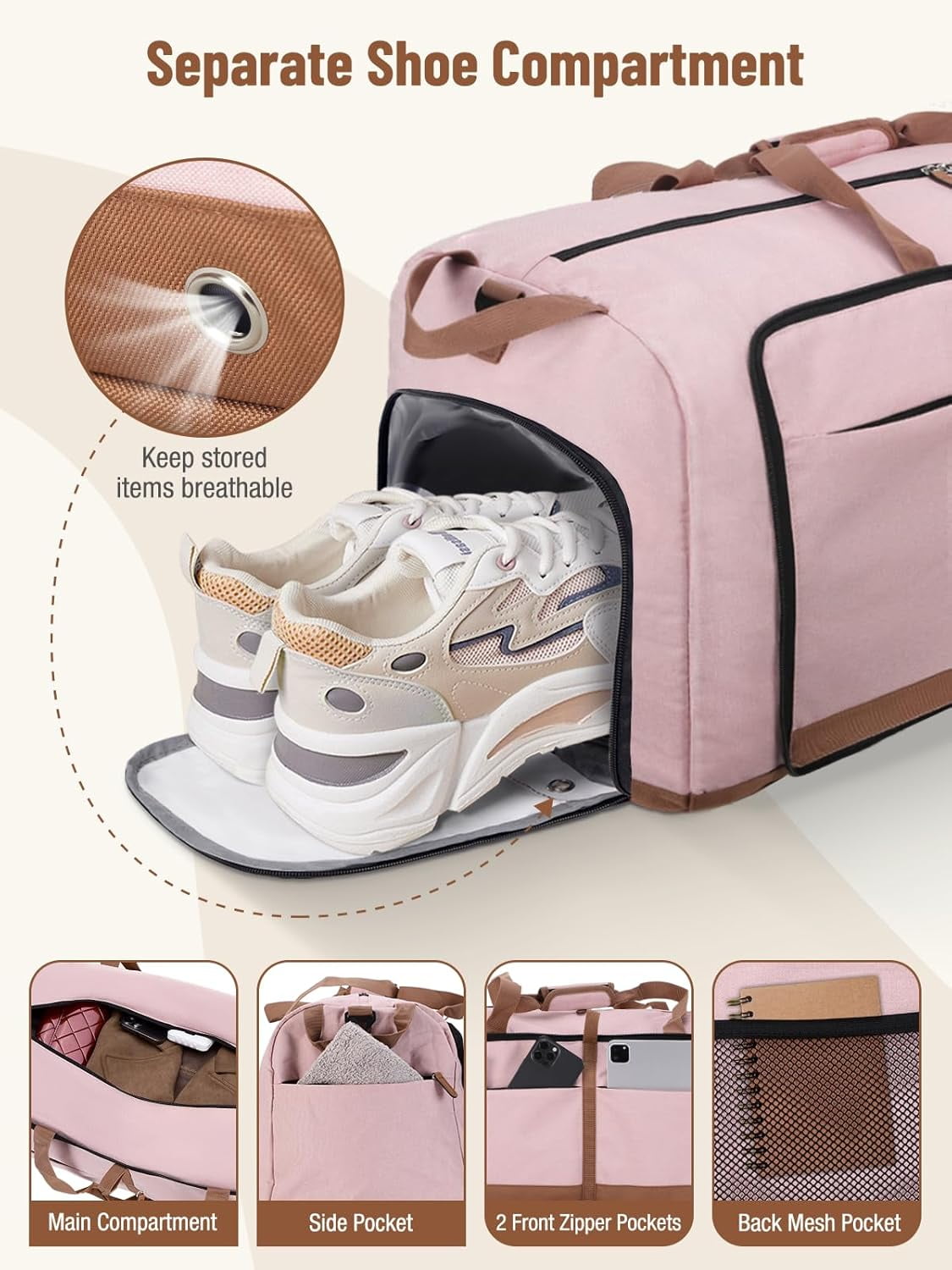 80L Large Foldable Travel Duffle Bag for Women - Separate Shoe Compartment, Carry On Weekend/Overnight/Hospital Bag with Straps (Blue Stripes)