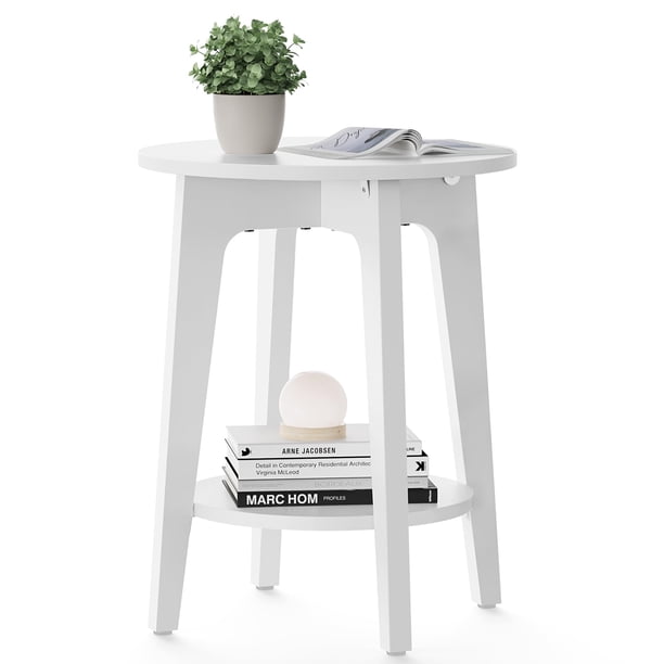Mesa auxiliar VASAGLE pequeña con extremo redondo y estante inferior, color blanco