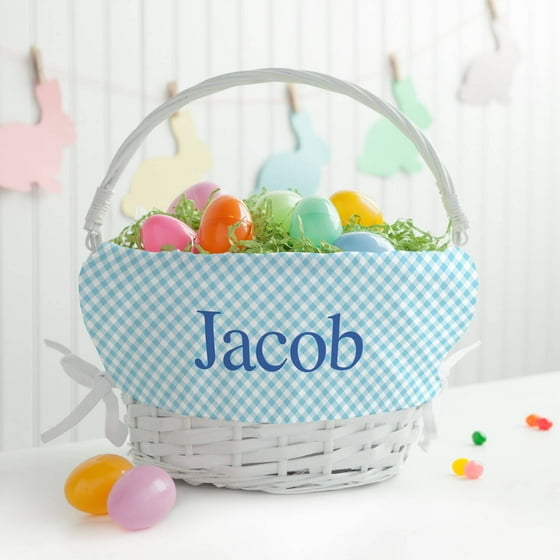Personalized White Wicker Easter Basket with Blue Liner