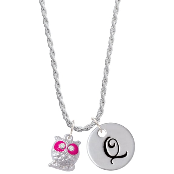 Delight Jewelry Silvertone Owl with Hot Pink & Clear Crystal Eyes Silvertone Script Initial Disc - Q - Charm Necklace, 20"+3"