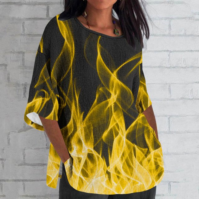Blouses pour Femmes, Mode Femmes Dames Décontractée Courte Manches 3/4 Imprimée Coton Chemise Ample Blouse Haut