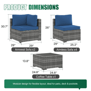 Dateyes 7 Pieces Patio Conversation Set, Rattan Wicker Outdoor Sectionals with 6 Sofas and 1 Coffee Table, Blue/Gray