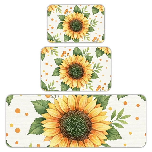 RKSupls Kitchen Rug Set 3 Piece Anti-Slip Flannel Floor Mats, Sunflower Yellow Washable Absorbent Runner Mats for Kitchen Bathroom Home Decor