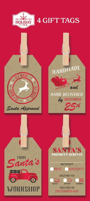 Christmas Red Holiday Time 4 Count Santa Clothespin Paper Gift Tags