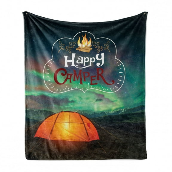 Happy Camper Soft Flannel Fleece Throw Blanket, Aurora Borealis Night Sky and Tent Bonfire Typography Nature Themed Print, Cozy Plush for Indoor and Outdoor Use, 70" x 90", Multicolor, by Ambesonne
