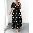 thumbnail image 5 of Black And White Polka Dot V-Neck Puff Sleeve Wrap Maxi Dress With Tie Waist, 5 of 6
