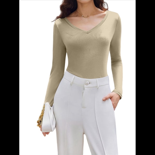 Camiseta Básica Ajustada de Punto Acanalado con Cuello en V y Larga para Mujer Crema S