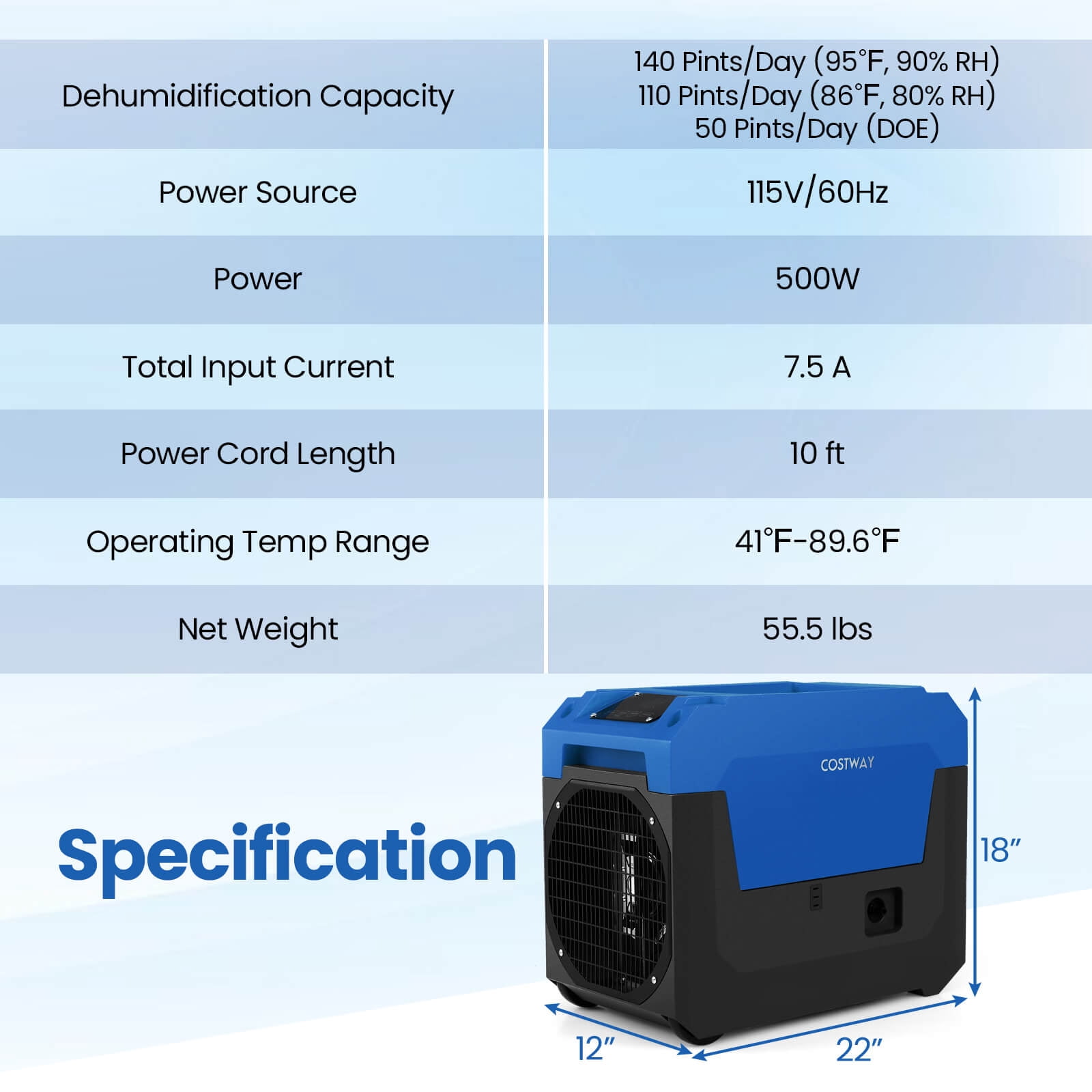 Costway 50-Pint(DOE) Commercial Dehumidifier with Pump, Drain Hose for Basements, Job Sites 4500 Sq. ft Coverage Area Blue