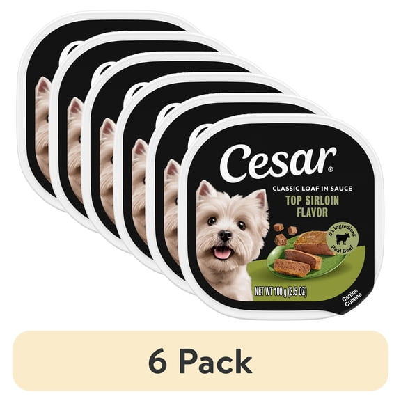 (6 pack) Cesar Classic Loaf in Sauce Wet Dog Food, Top Sirloin Flavor, 3.5 oz. Easy Peel Trays, 24 Count
