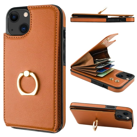 Petsta Compatible with iPhone 14 Case Wallet with Card Holder, 360°Rotation Finger Ring Holder Kickstand, RFID Blocking Leather Protective Double Buttons Shockproof Cover 6.1 Inch Brown