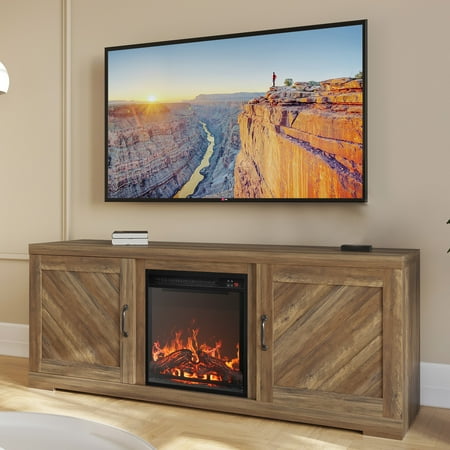 BELLEZE 58  Farmhouse TV Stand Media Entertainment Center For TVs up to 65  with 18  Fireplace - Hilo (Rustic Oak)