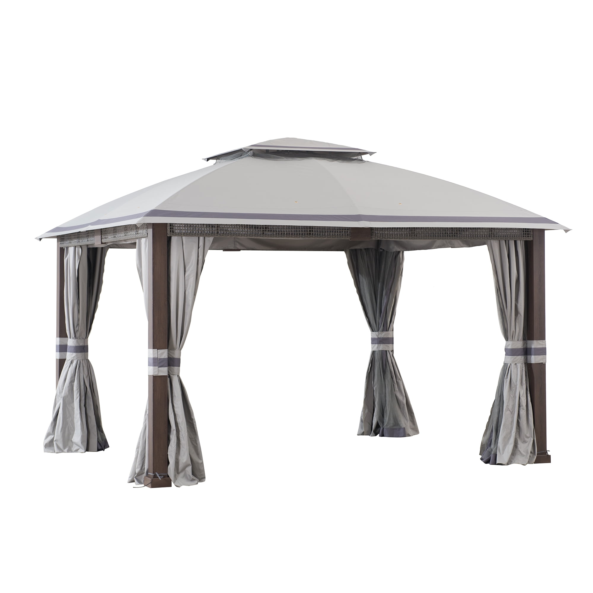 Sunjoy 11 x 13 ft. Gazebo with 2-Tier Gray Canopy Roof, Outdoor Steel Frame Soft Top Gazebo with Netting and Curtains