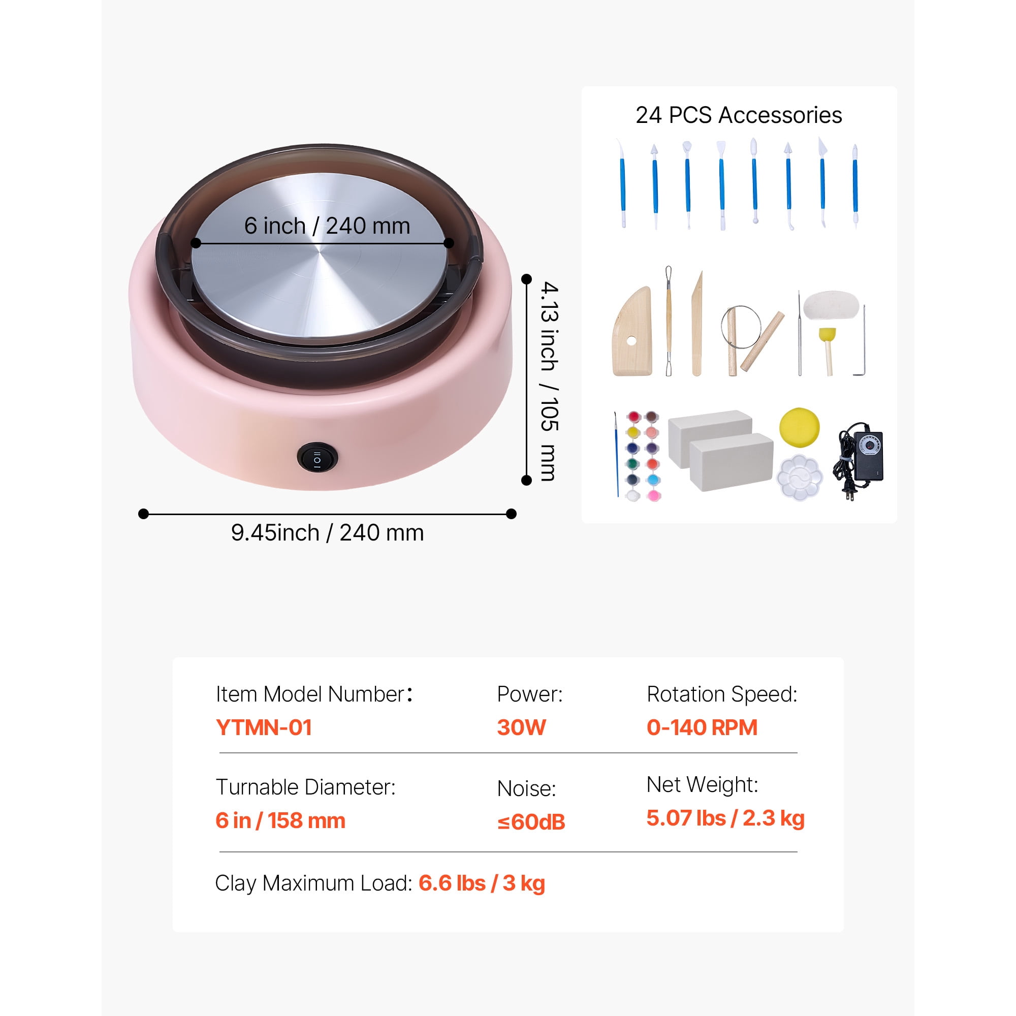 30W Mini Pottery Wheel for Kids and Adults, 6 inch Electric Clay Wheel with 0-140 RPM Adjustable Speed, Complete Craft Kit for Beginners, Pink