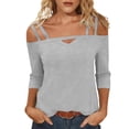thumbnail image 2 of ClodeEU Women's V Neck 3/4 Sleeve Off-Shoulder Top, Fashion Solid Color Casual Fit T-Shirt Gray,Women's Plus XL, 2 of 5