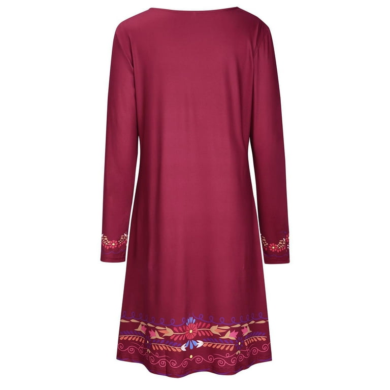 Long Sleeve Mexican Dress for Women Fall Casual Floral Print Round Neck T Shirt Mini Dresses Tshirt Dress