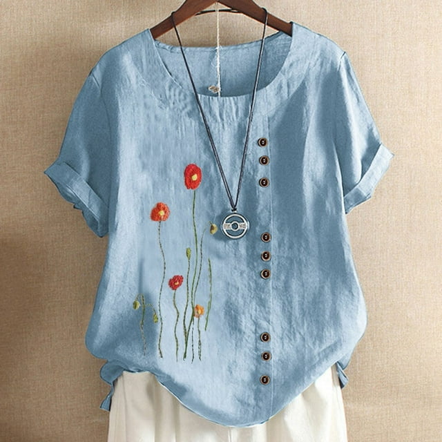 CEHVOM Chemise Décontractée d'Été pour Femmes Col Rond Manches Courtes Imprimé Floral Ample