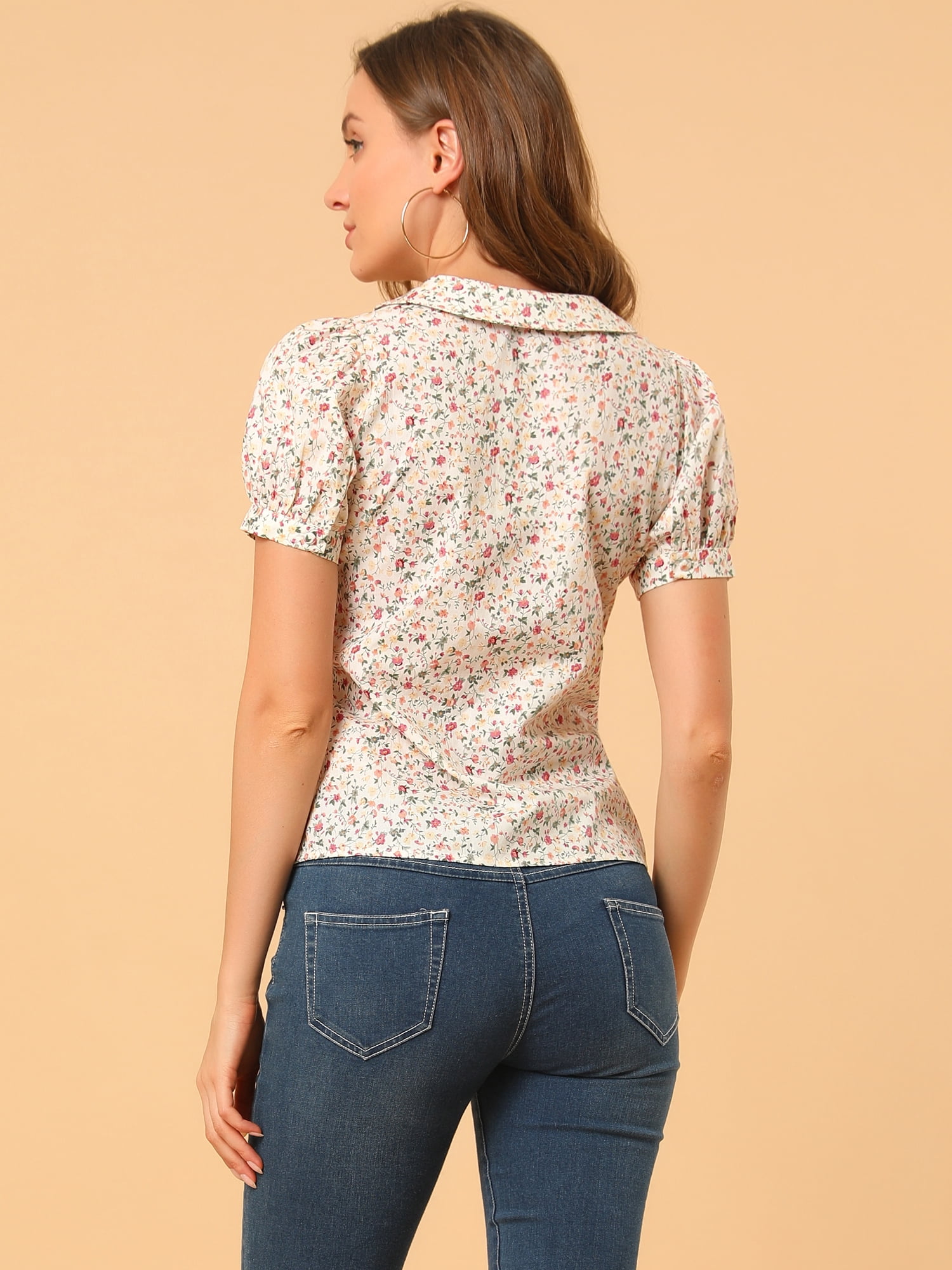 DARING DIVA Women's Turndown Collar Button Down Floral Blouse L White